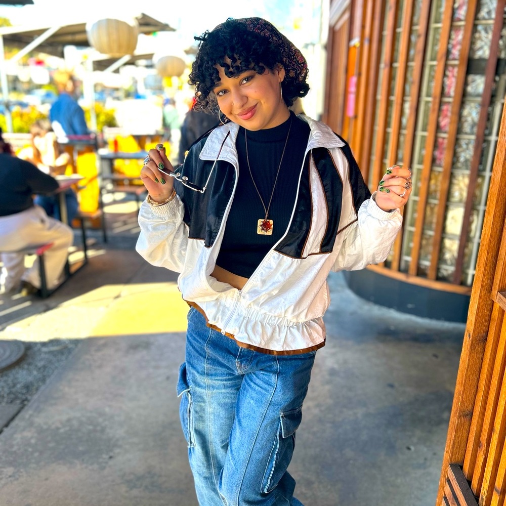 Black and white retro silk wind breaker jacket